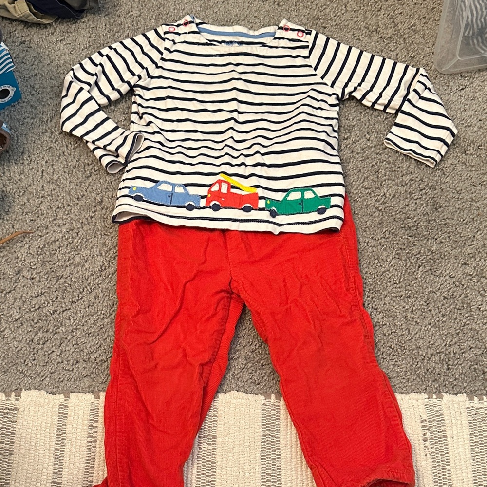 Mini Boden Striped Top and Red Pants Set